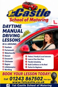Bright driving-school poster advertising daytime manual driving lessons with a smiling woman in a red car and a yellow logo backdrop, listing locations and contact info.
